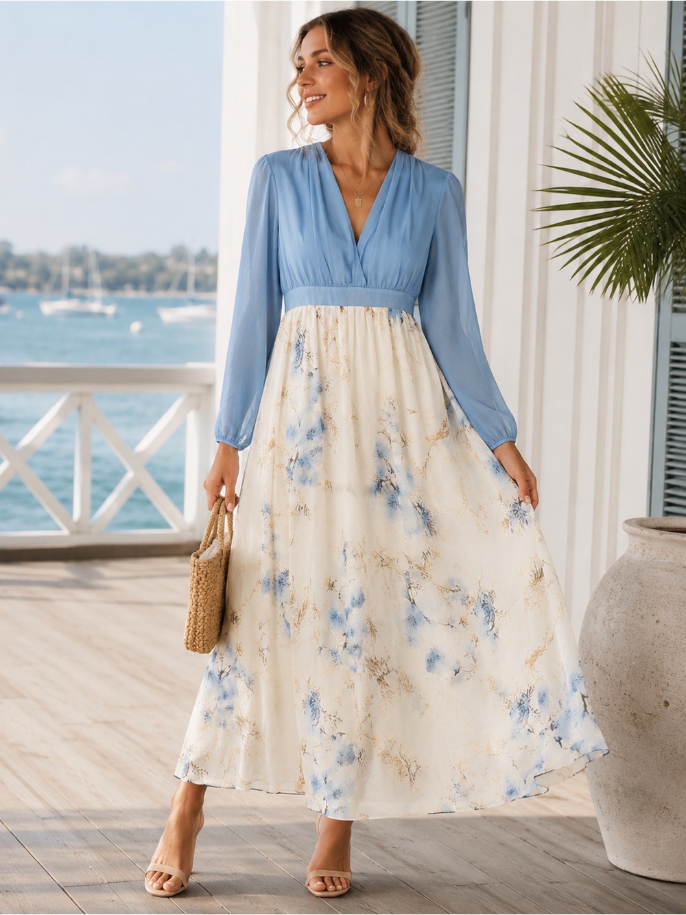 Blue Floral Chiffon Maxi Dress Long Sleeve Cottagecore Boho M
